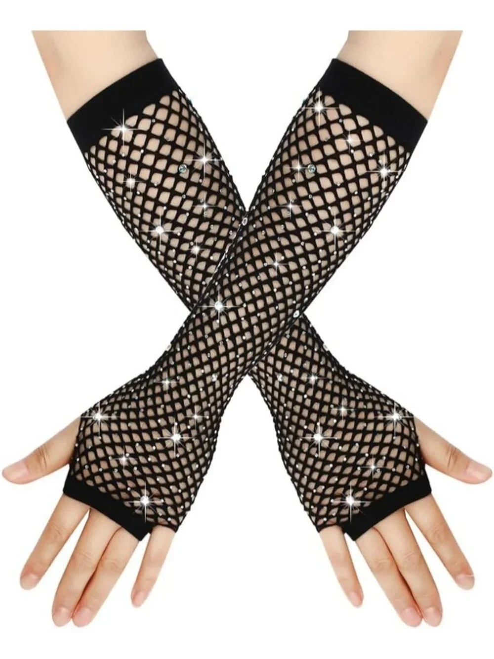 Women's Black Long Fishnet Fingerless Gloves Nylon Rhinestone 80s Party Cosplay